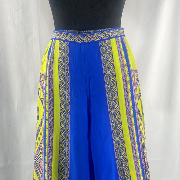 Royal Blue, Neon yellow multi colored, boho, wide leg high rise pants, Small - Picture 3 of 5